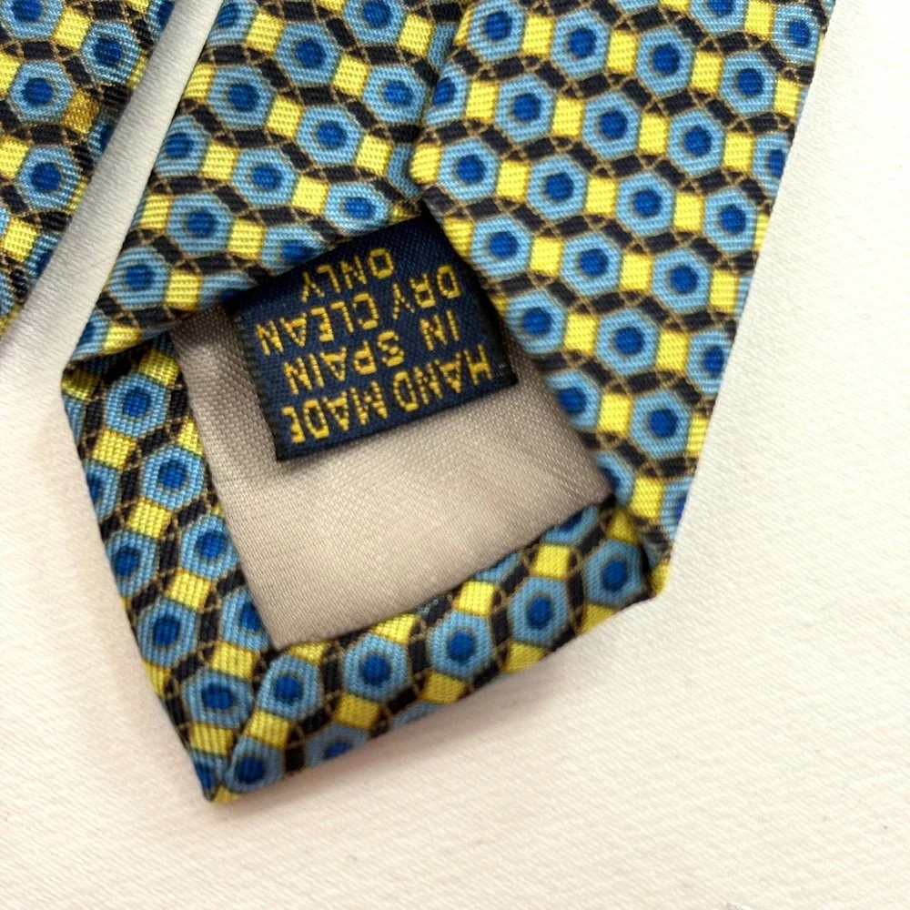 Richel Necktie‎ Blue Yellow Geometric Honeycomb Silk Hand Made Spain